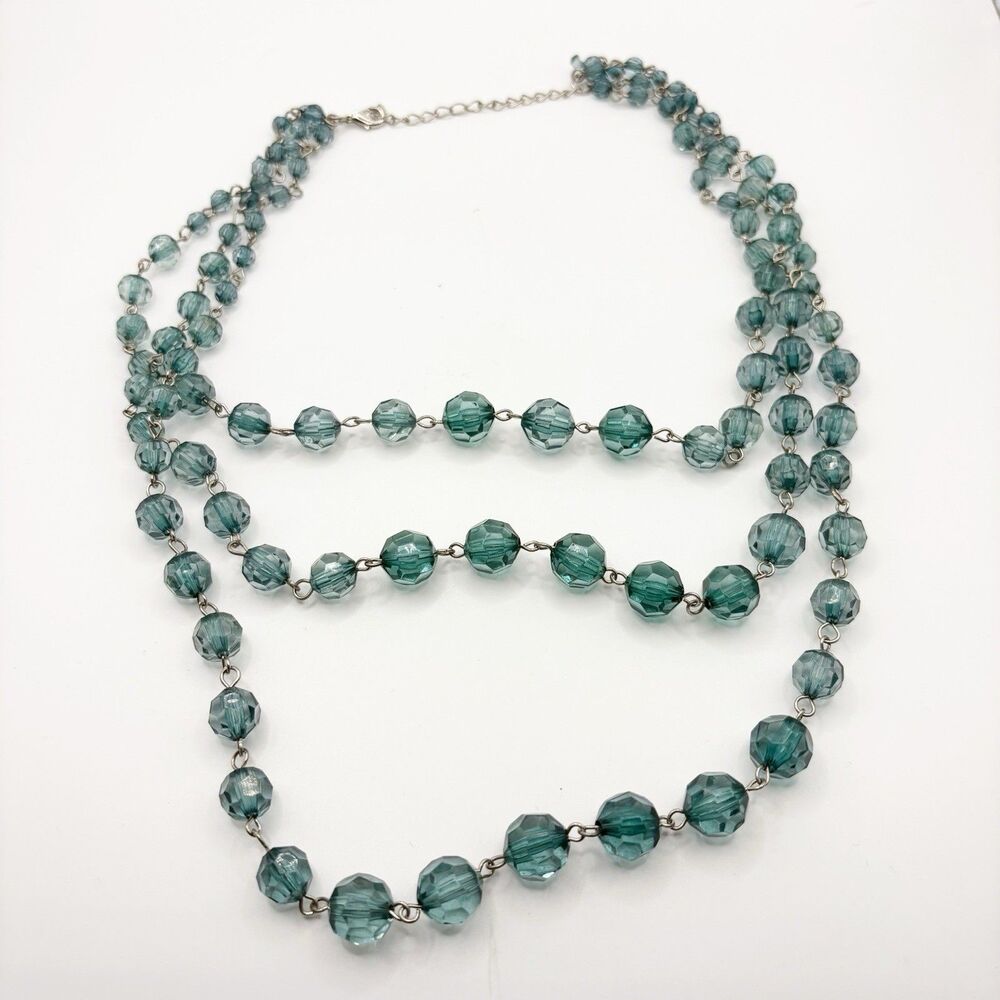 Blue Teal Silver Acrylic 3 Strand Beaded Costume Necklace Aquamarine Color